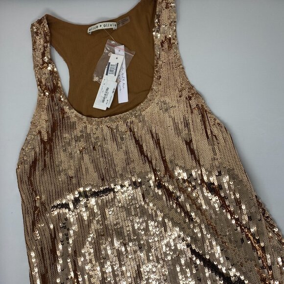 ALICE + OLIVIA Avril Bronze Sequin Mini Tank Dress Medium NWT $495 - Picture 6 of 11